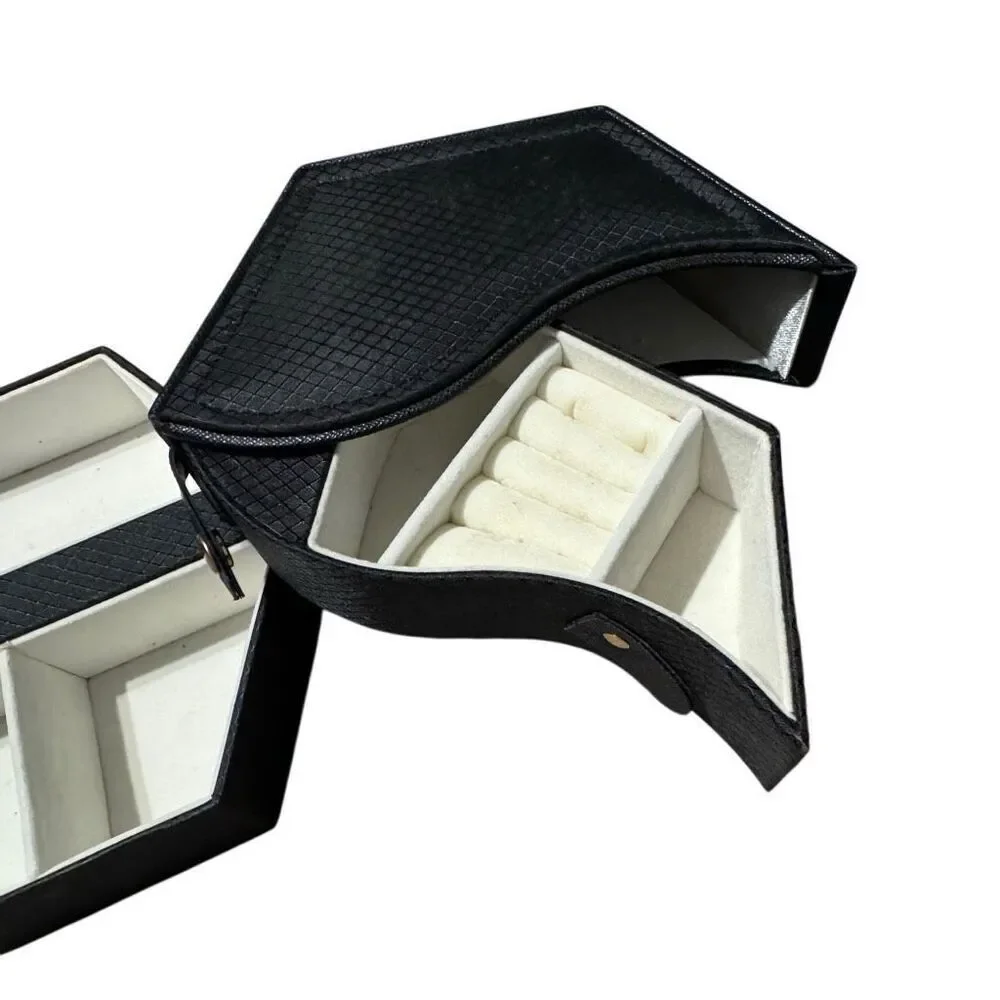 Hexagon Jewelry Box Swivel Compact Slide Outs Multi Compartment in Black